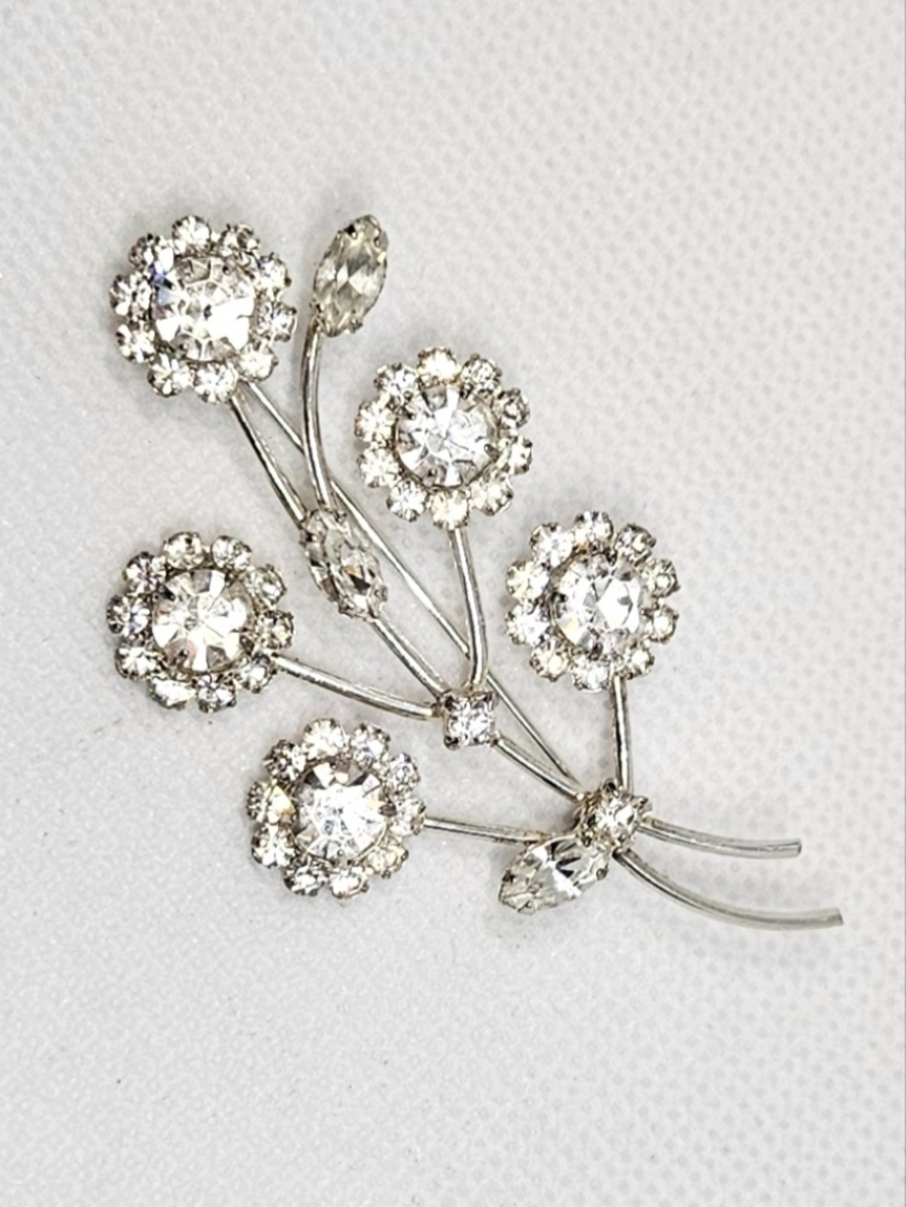 Vintage Silver Tone Clear Rhinestone Floral Spray Brooch Pin